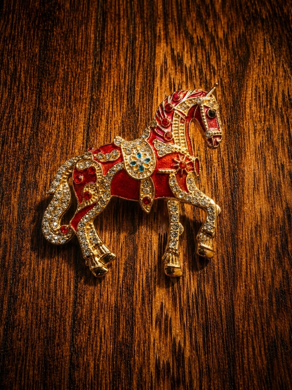 Mint Gold-Tone Horse Brooch with Red Enamel and Clear Crystals